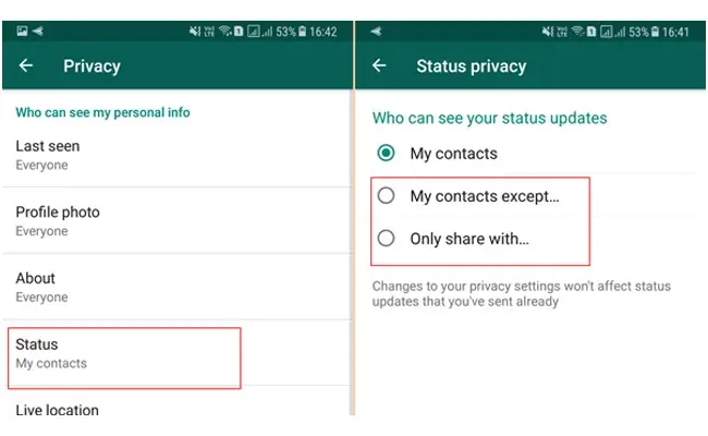 جالب ترین قابلیت های واتساپ که باید بلد باشید!: پنهان کردن استاتوس برای برخی کاربران